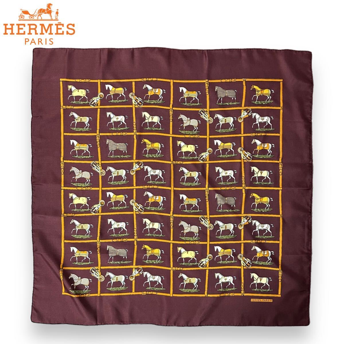 【美品】HERMES エルメス シルク スカーフ スカーフ ストール カレ80 パドックにいる48頭の馬 ボルドー フランス製_画像1