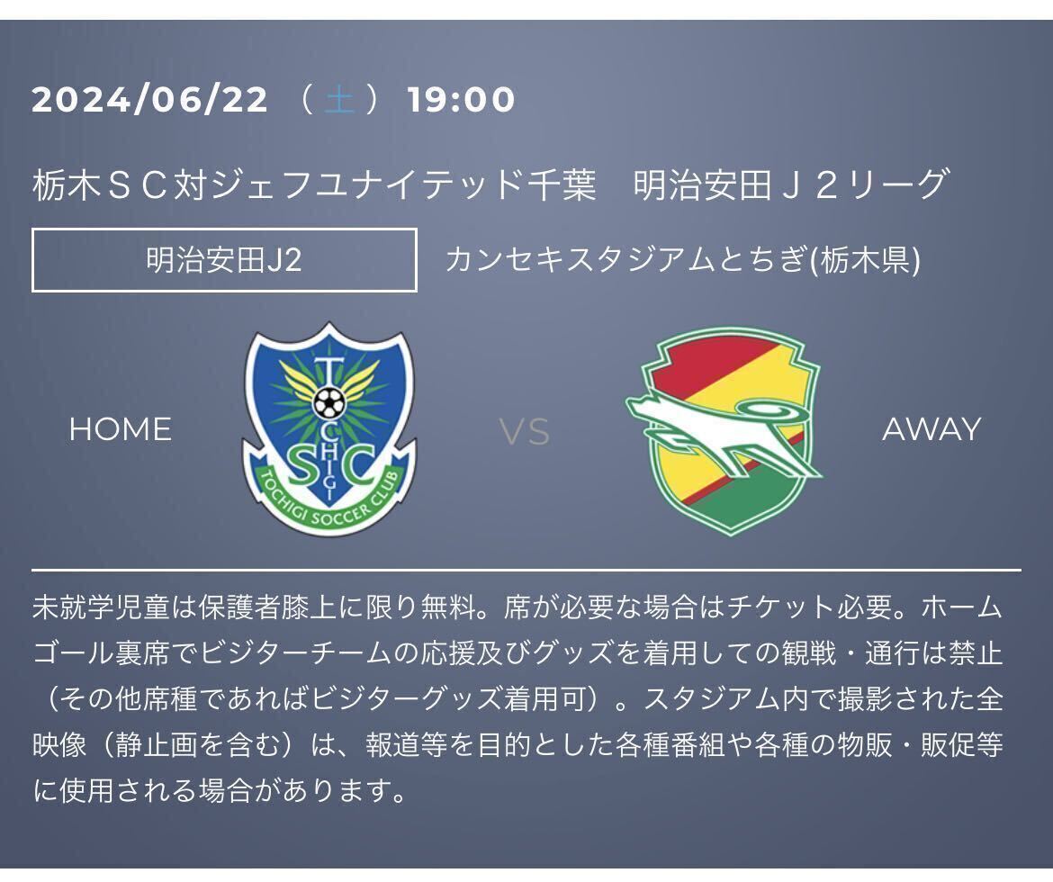 6月22日 栃木SC対ジェフユナイテッド千葉 バック自由席  QRコード添付の画像1