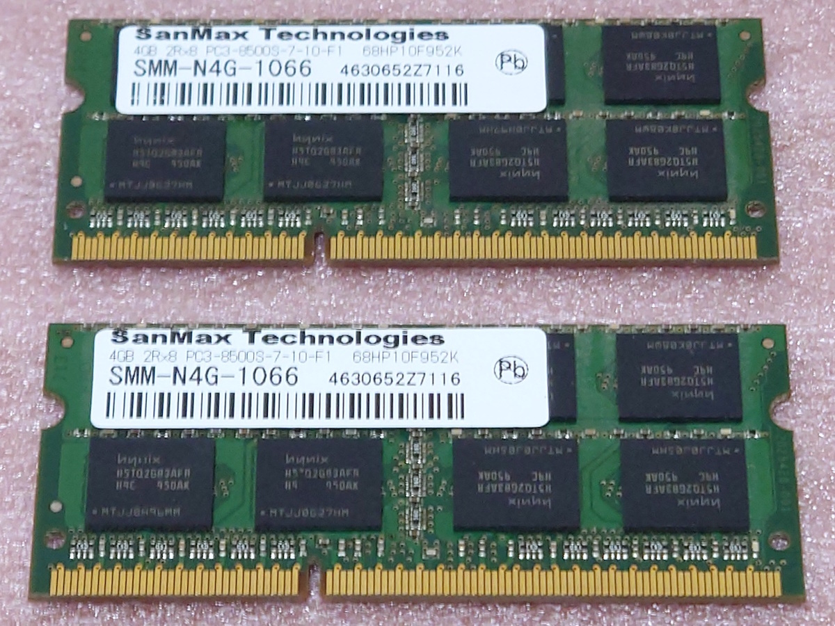 ◇SanMax SMM-N4G-1066 2枚セット - PC3-8500S/DDR3-1066 Hynixチップ 204Pin DDR3 S.O.DIMM 8GB(4GB x2) 動作品の画像1