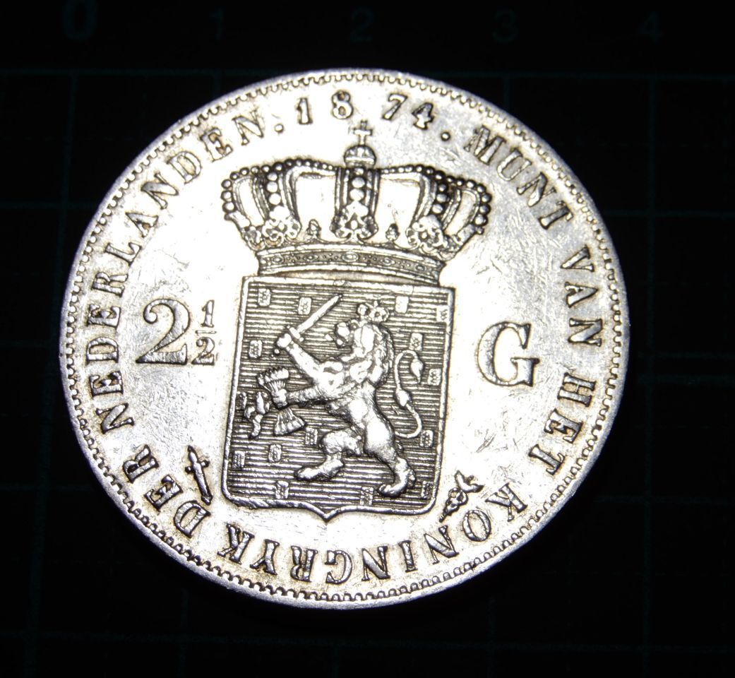 レア 1874年 オランダ王国 国王 2.5ギルダー ウィリアム3世 クラウン 王冠 獅子 国章 記念銀貨 銀製 メダル アンティークコイン 古銭 貨幣_画像3