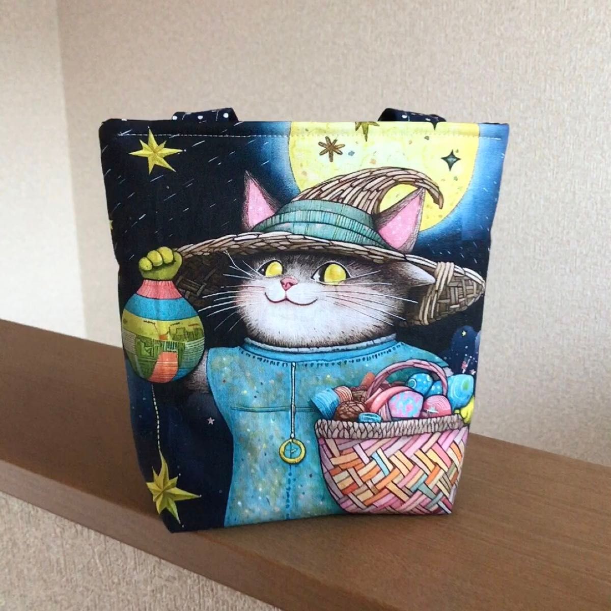 星空魔法猫　ねこにゃんミニトートバッグレディースハンドメイド バッグインバッグ ビッグポーチジム小袋　散歩バッグ誕生日プレゼント　