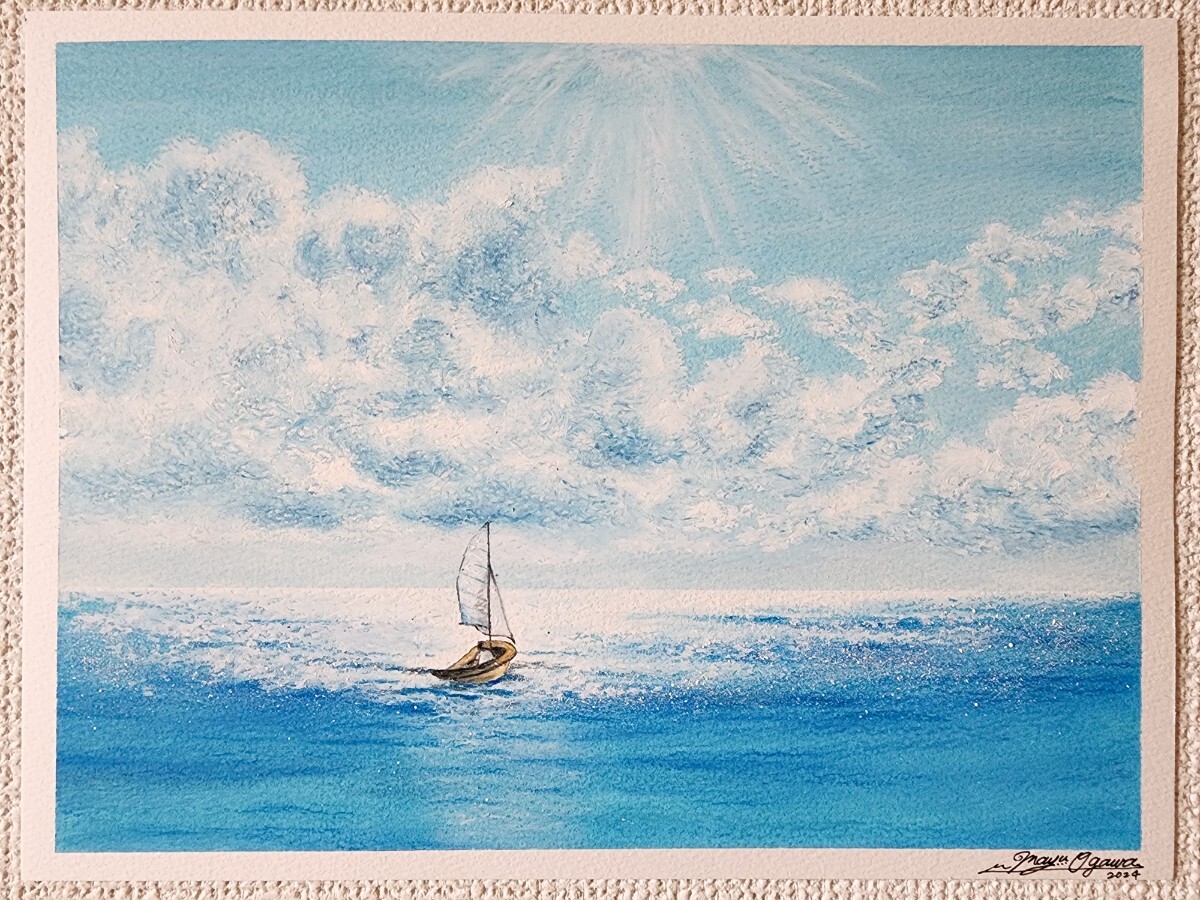風景画 海の絵 海 夏 船の絵 帆船 アート 絵画 オイルパステル 風景画 海の絵 海 夏 船の絵 帆船 アート 絵画 オイルパステル