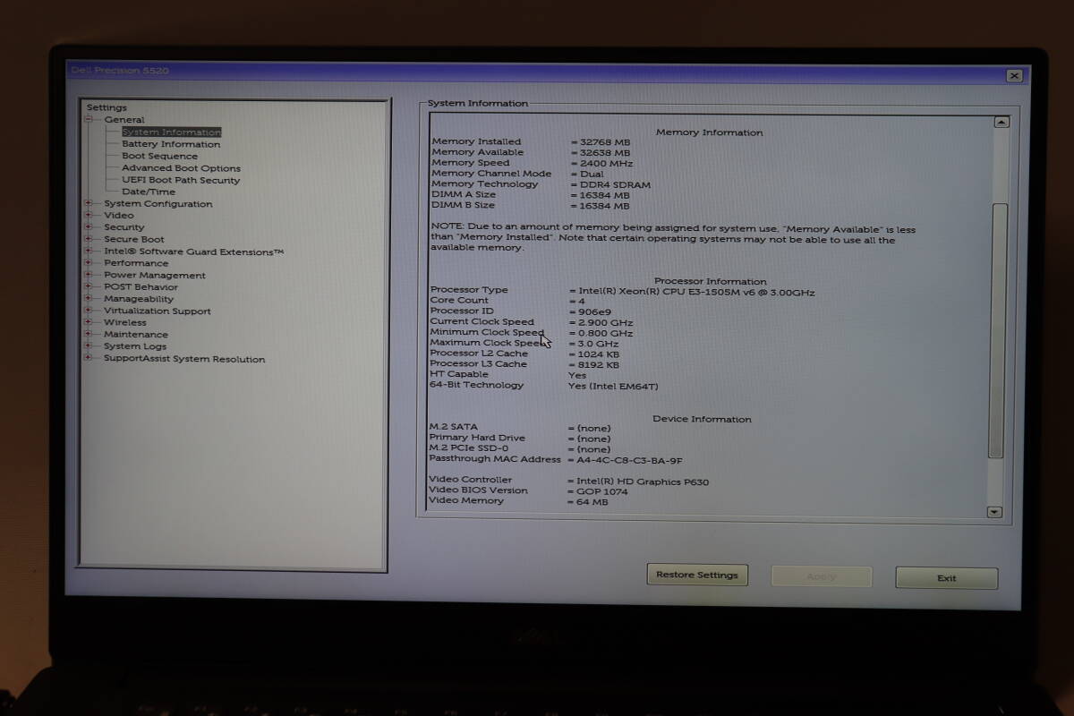 m638. DELL / Precision 5520 / Xeon E3-1505M v6 / 32GB memory / SSD none / electrification verification * Junk 