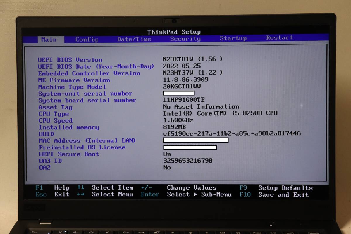m653. Lenovo / ThinkPad X1 Carbon / 20KGCTO1WW / Core i5-8250U / 8GBメモリ / SSDなし / 通電確認・ジャンク_画像5