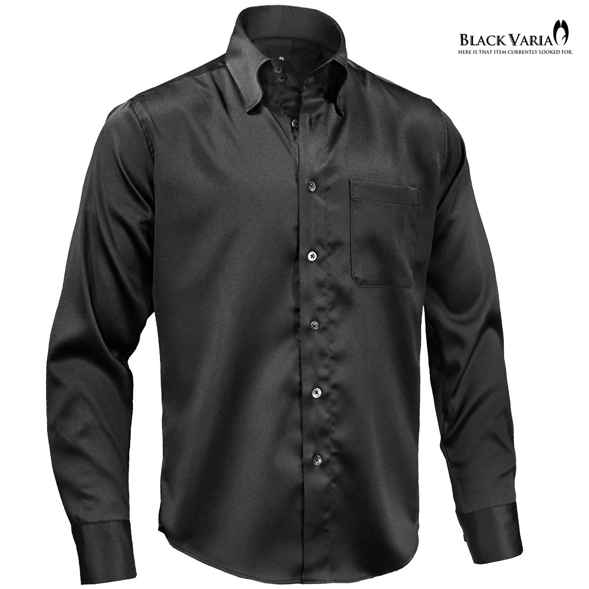 201355-bk BlackVaria 無地 ドゥエボットーニ パウダーサテン ドレスシャツ スナップダウン メンズ(ブラック黒) M きれいめ パーティー_画像2