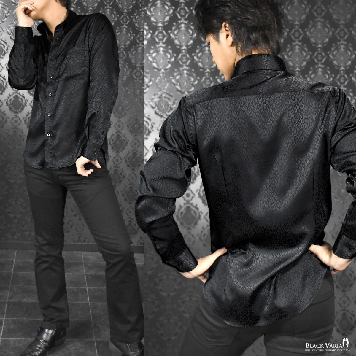 181710-bk BLACK VARIA ドゥエボットーニ ヒョウ柄 豹 ジャガード スナップダウン ドレスシャツ 日本製 メンズ(ブラック黒) 3L パーティー_画像3