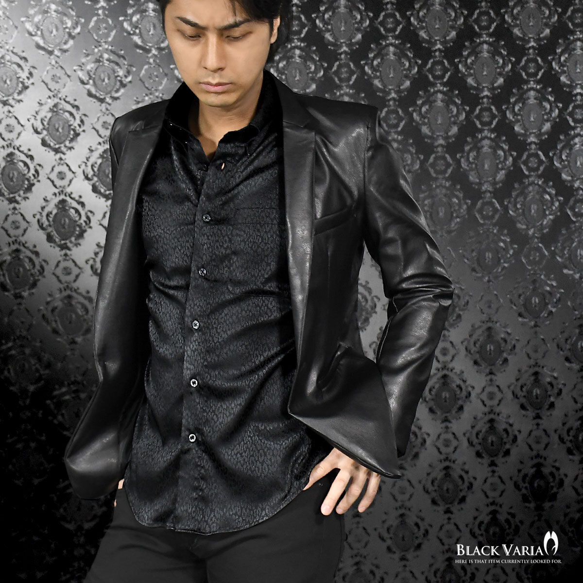 a181710-bk BLACK VARIA ドゥエボットーニ ヒョウ柄 豹 ジャガード レギュラーカラードレスシャツ 日本製 メンズ(ブラック黒) L パーティー_画像2