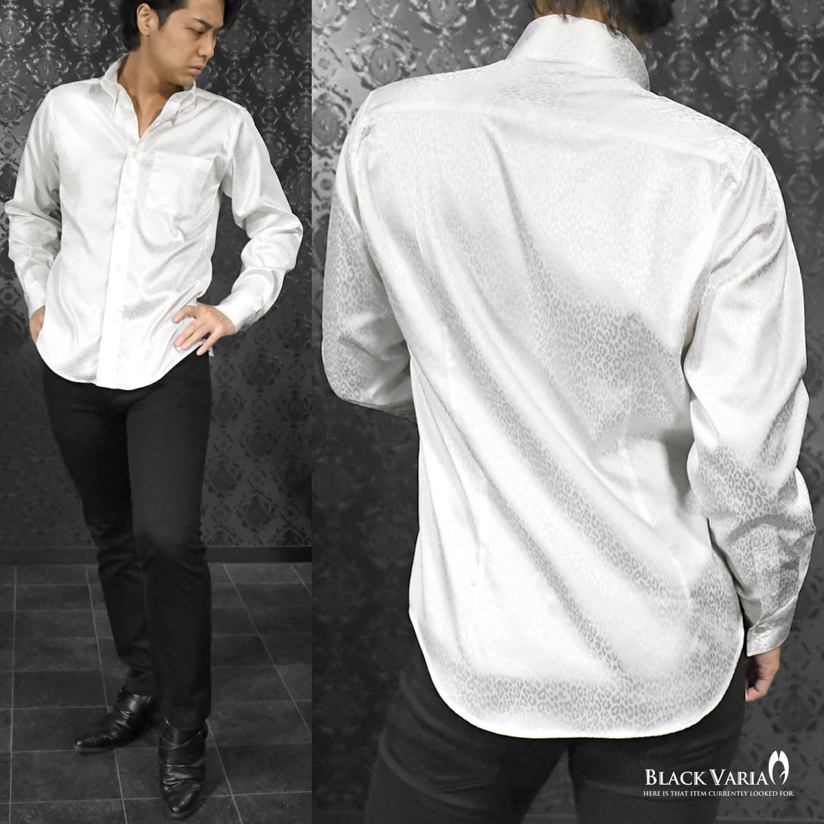 a181710-wh BLACK VARIA ドゥエボットーニ ヒョウ柄 豹 ジャガード レギュラーカラードレスシャツ 日本製 メンズ(ホワイト白) S ステージ_画像3
