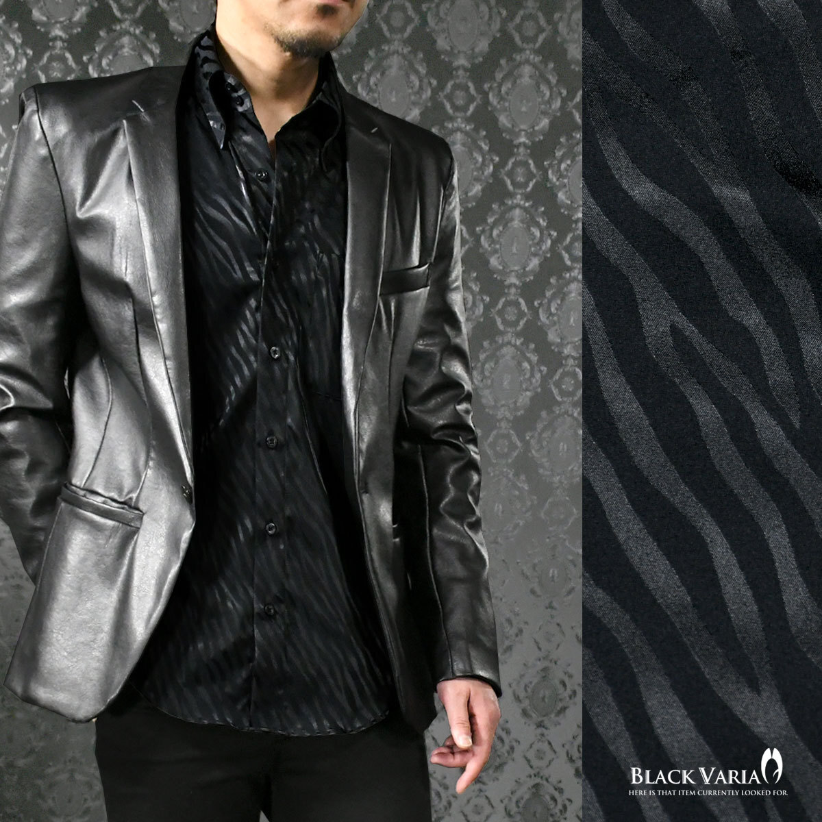 a181722-bk BLACK VARIA ドゥエボットーニ ゼブラ柄 ジャガード レギュラーカラードレスシャツ 日本製 メンズ(ブラック黒) S ステージ衣装_レギュラーカラー