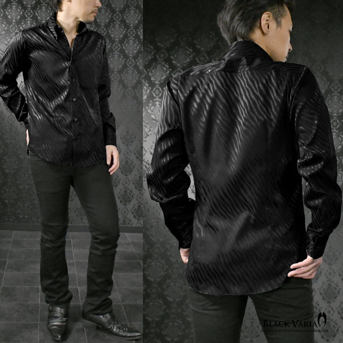 181722-bk BLACK VARIA ドゥエボットーニ ゼブラ柄 ジャガード スナップダウン ドレスシャツ 日本製 メンズ(ブラック黒) S ステージ衣装_画像3