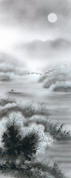 ◎金森鶯谷『月映夕漁』日本画★山水・掛け軸・_画像2