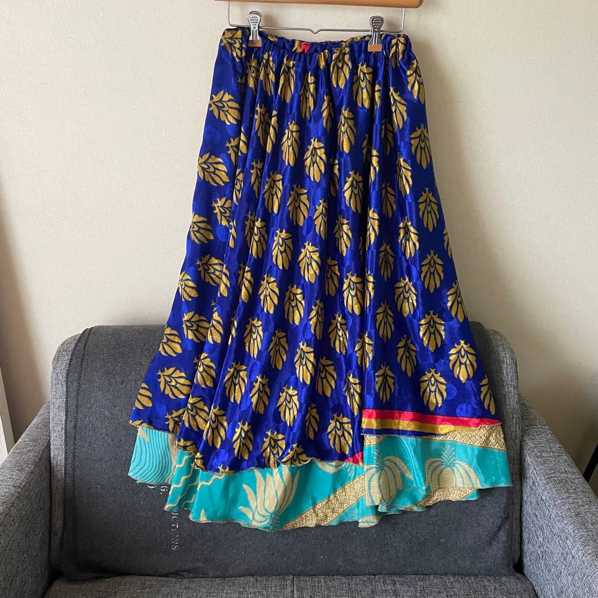 インド製ロングスカート/リメイクスカート/ウエストゴムロングスカート/巻きスカート リメイク ロングスカート/ハンドメイドスカート