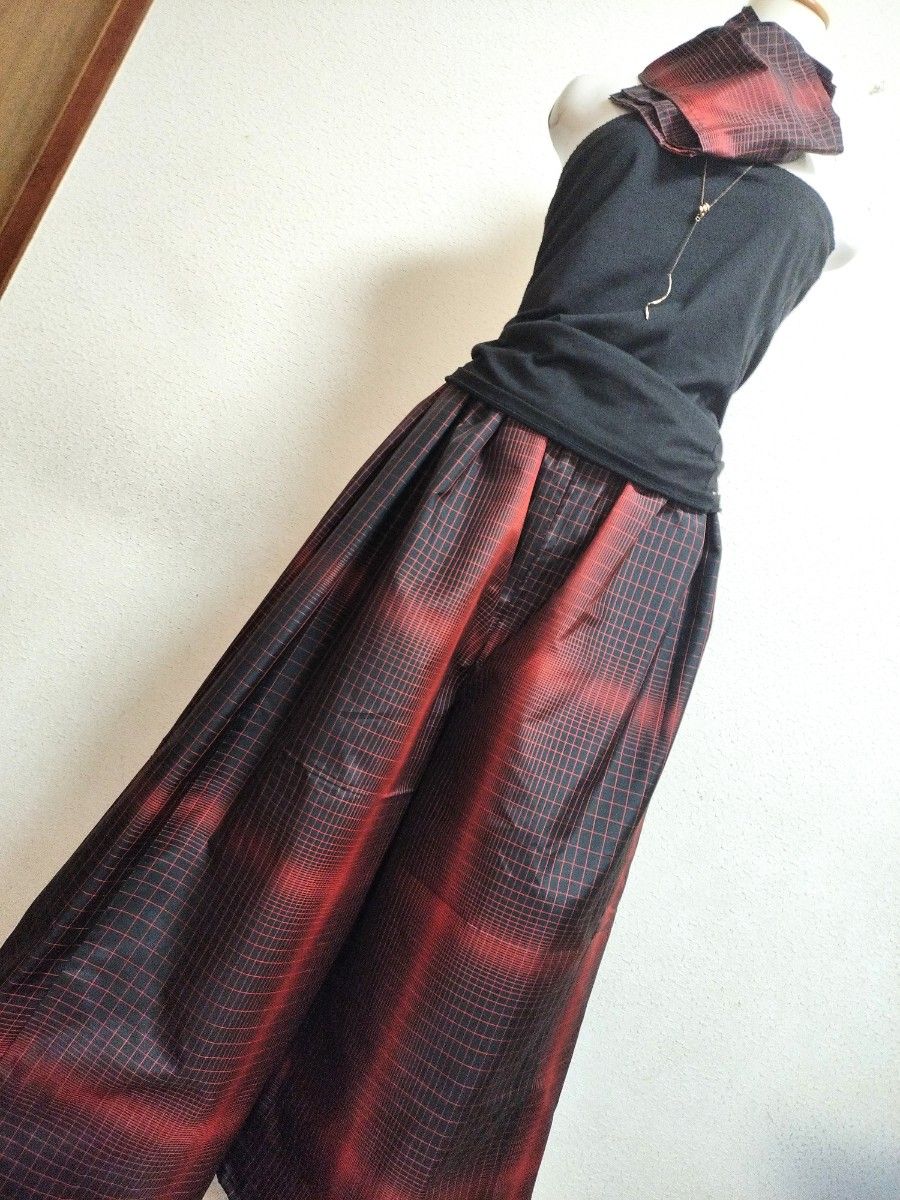 1223　着物リメイク☆紬ギャザースカート+ガウチョパンツ＆トートバッグ、ストール