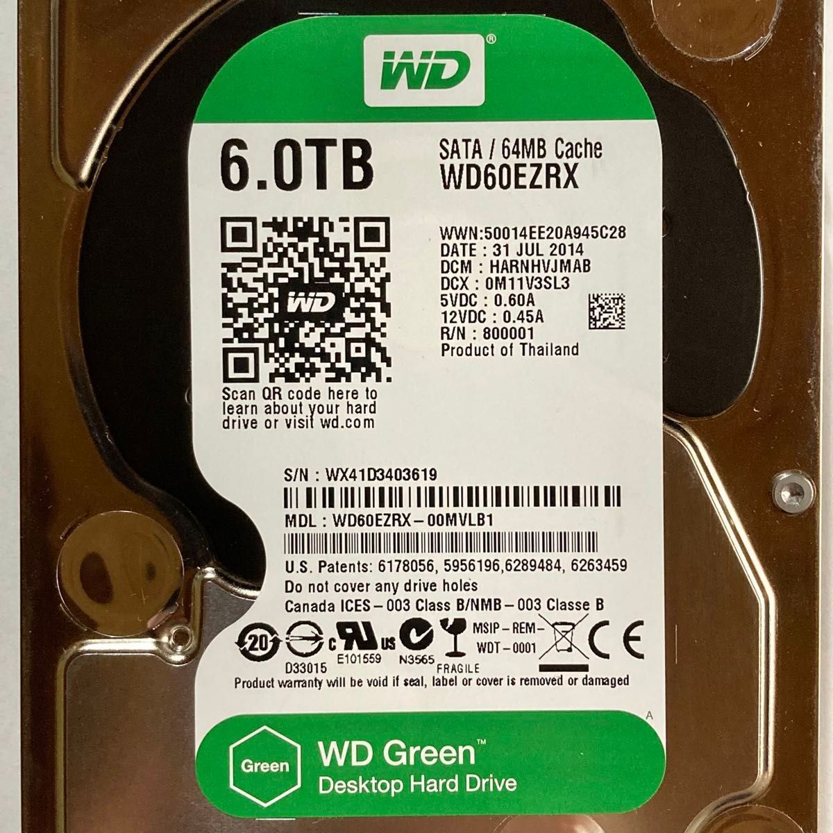 ★ 6TB WD Green 3.5インチ SATA 内蔵型HDD 中古 ★ WD60EZRX 内蔵型ハードディスク ★