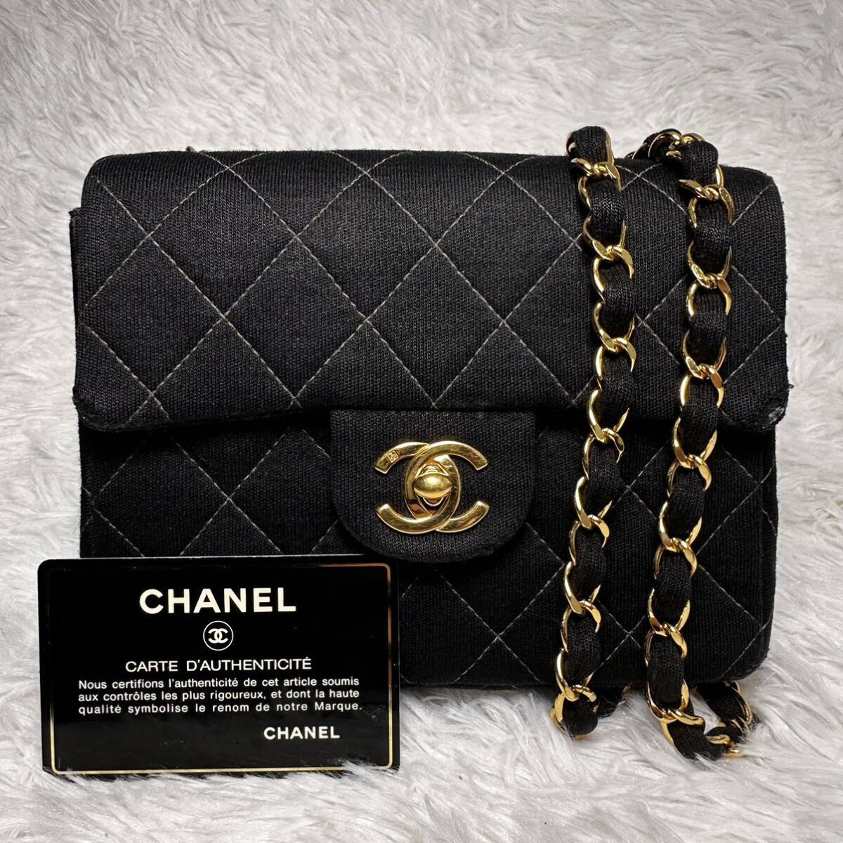 売り切り　CHANEL シャネル ミニマトラッセ　チェーンショルダーバッグ　コットン　ターンロック　ブラック　6番台　ヴィンテージ　_画像1