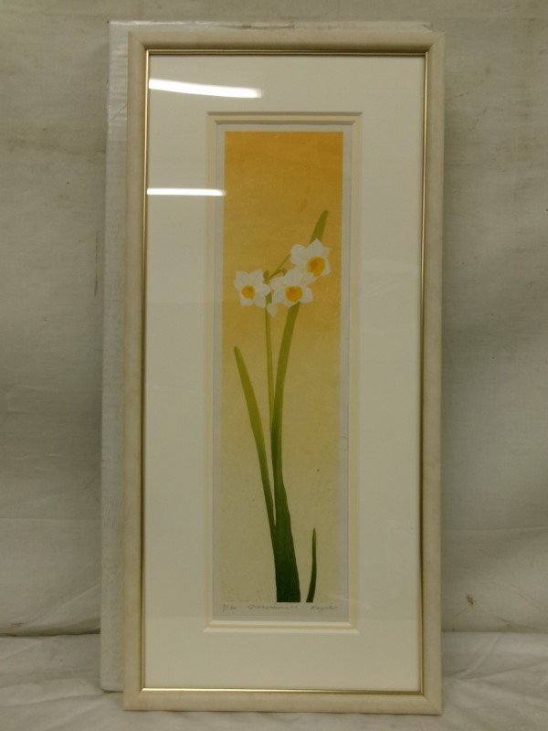 E3468 宮山加代子 「Narcissus-1(水仙)」 木版画 額装 9/180の画像1