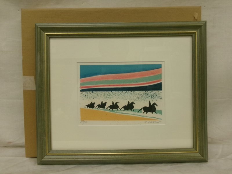 E3526 セルジュ・ラシス 8 浜辺の乗馬 リトグラフ 小品 額装 187/195の画像1