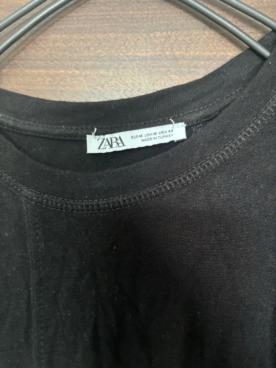 ZARA ザラ Tシャツ デザインシャツ ブラック 黒 ストレッチ ロングシャツ 重ね着 シルエット