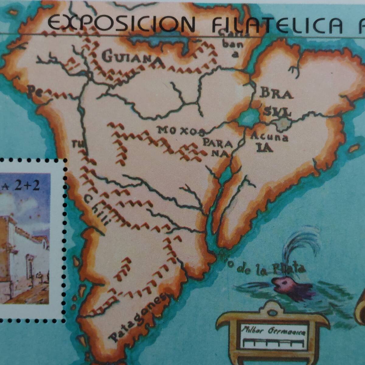 J527　アルゼンチン切手「アルブラフェックス切手展出品『メルカトル世界図(1610年)』のデザイン切手小型シート」1988年発行　未使用_画像4