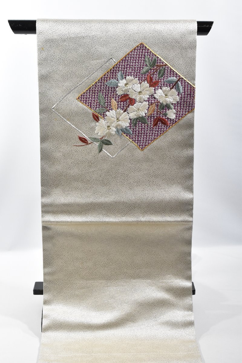 名古屋帯 花 菱文 刺繍 おしゃれ 帯丈358cm ★着物屋 nc-5506_画像2