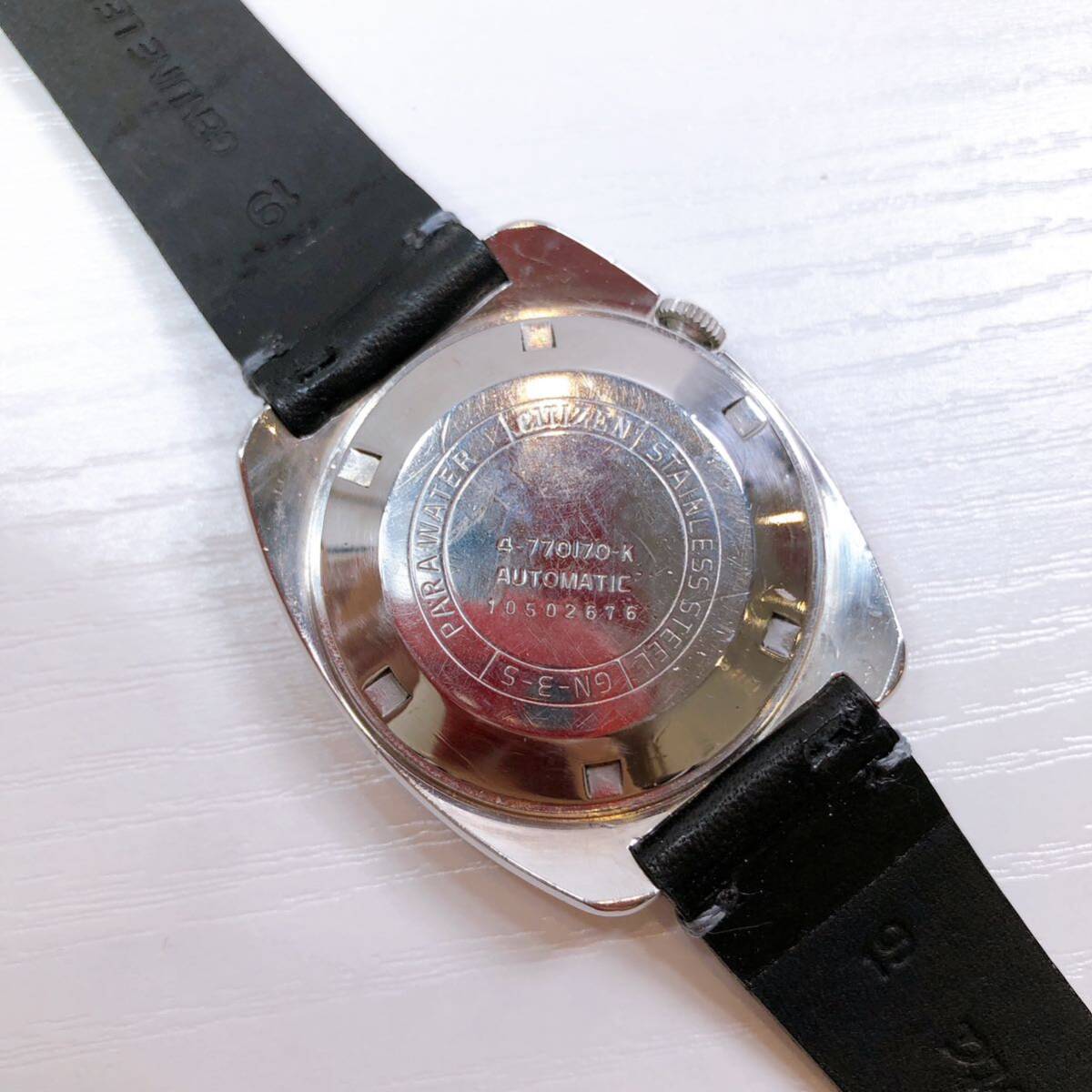 110【中古】CITIZEN LEOPARD シチズン レオパード 自動巻き メンズ腕時計 GN-3-5 デイデイト レザーベルト ブラック 動作未確認 現状品の画像9