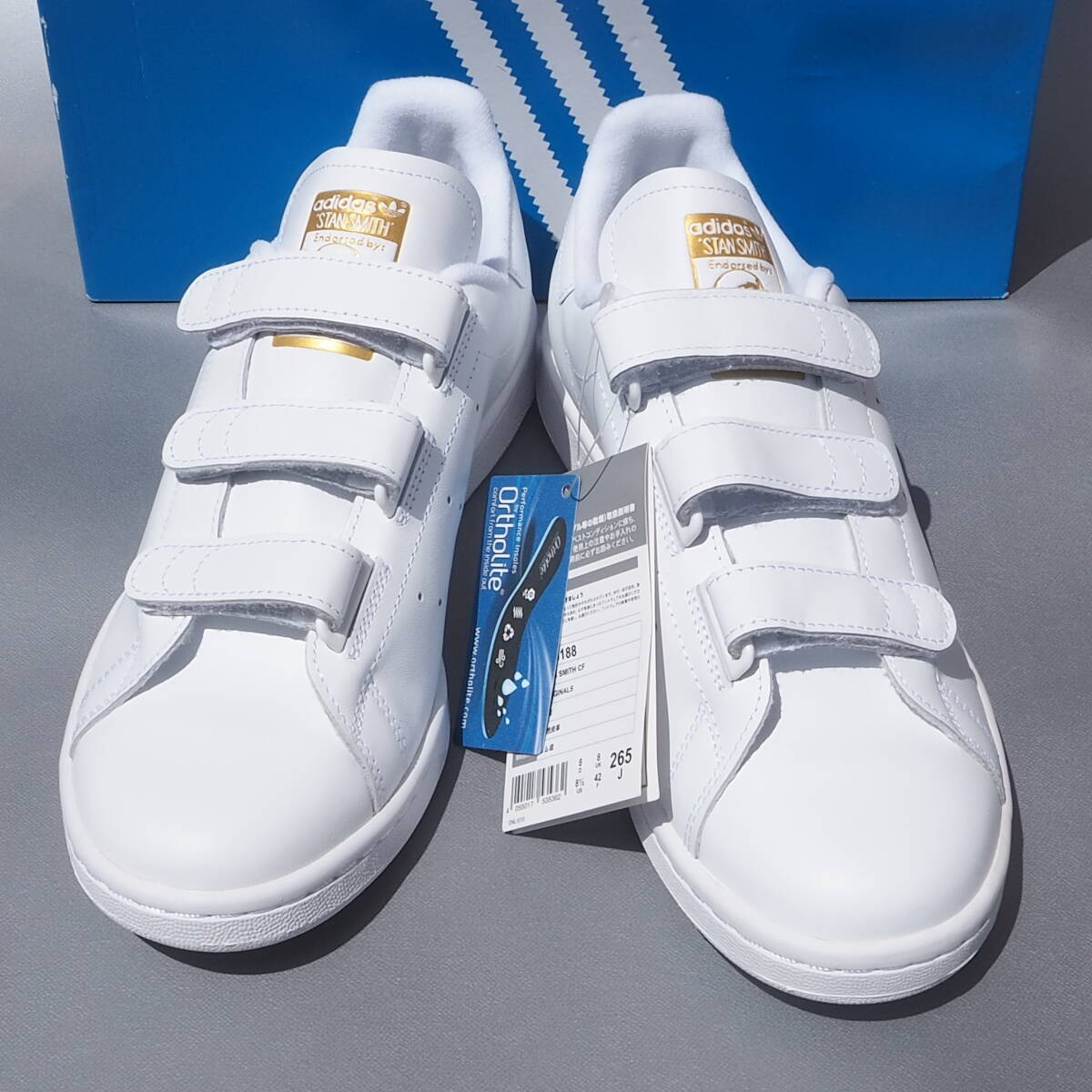 デッド!! US 8 1/2 / 26.5cm 新品!! 16年製 adidas Originals STAN SMITH CF スタンスミス 白x金 天然皮革レザー コンフォート ベルクロ_画像3