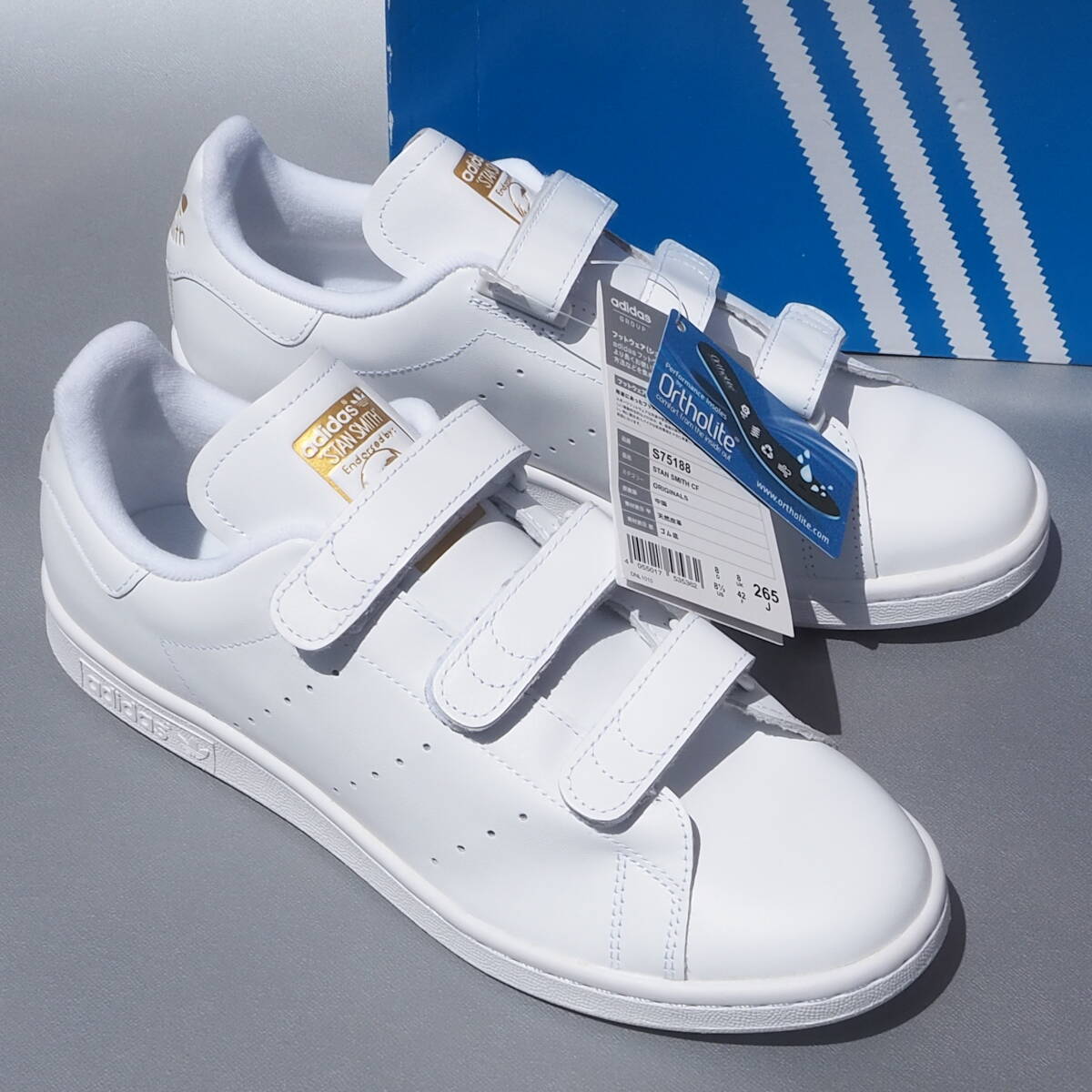 デッド!! US 8 1/2 / 26.5cm 新品!! 16年製 adidas Originals STAN SMITH CF スタンスミス 白x金 天然皮革レザー コンフォート ベルクロ_画像1