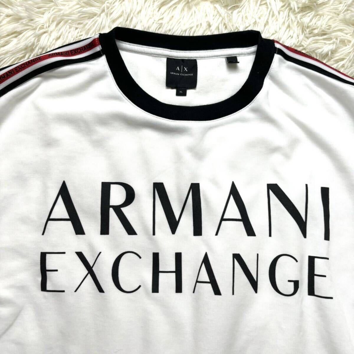 【極美品】 ARMANI EXCHANGE アルマーニ エクスチェンジ XL相当 サイドライン スウェット トレーナー デカロゴ プルオーバー 白 メンズ_画像3