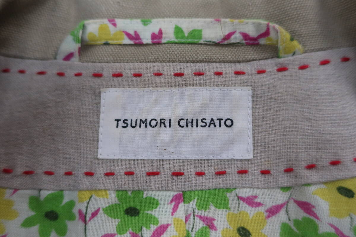 【送900円】1001　TSUMORI CHISATO　ツモリチサト　ジャケット　ヘンプ×綿×革　ブラウン　裏地花柄　ステッチ　２_画像6