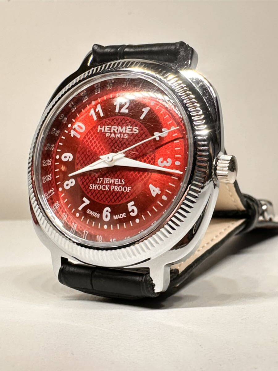 ヴィンテージ エルメスHERMES レッド文字盤 手巻き ユニセックス腕時計 ショックプルーフ ムーブメント 17jewels スイス製 再生品 _画像1
