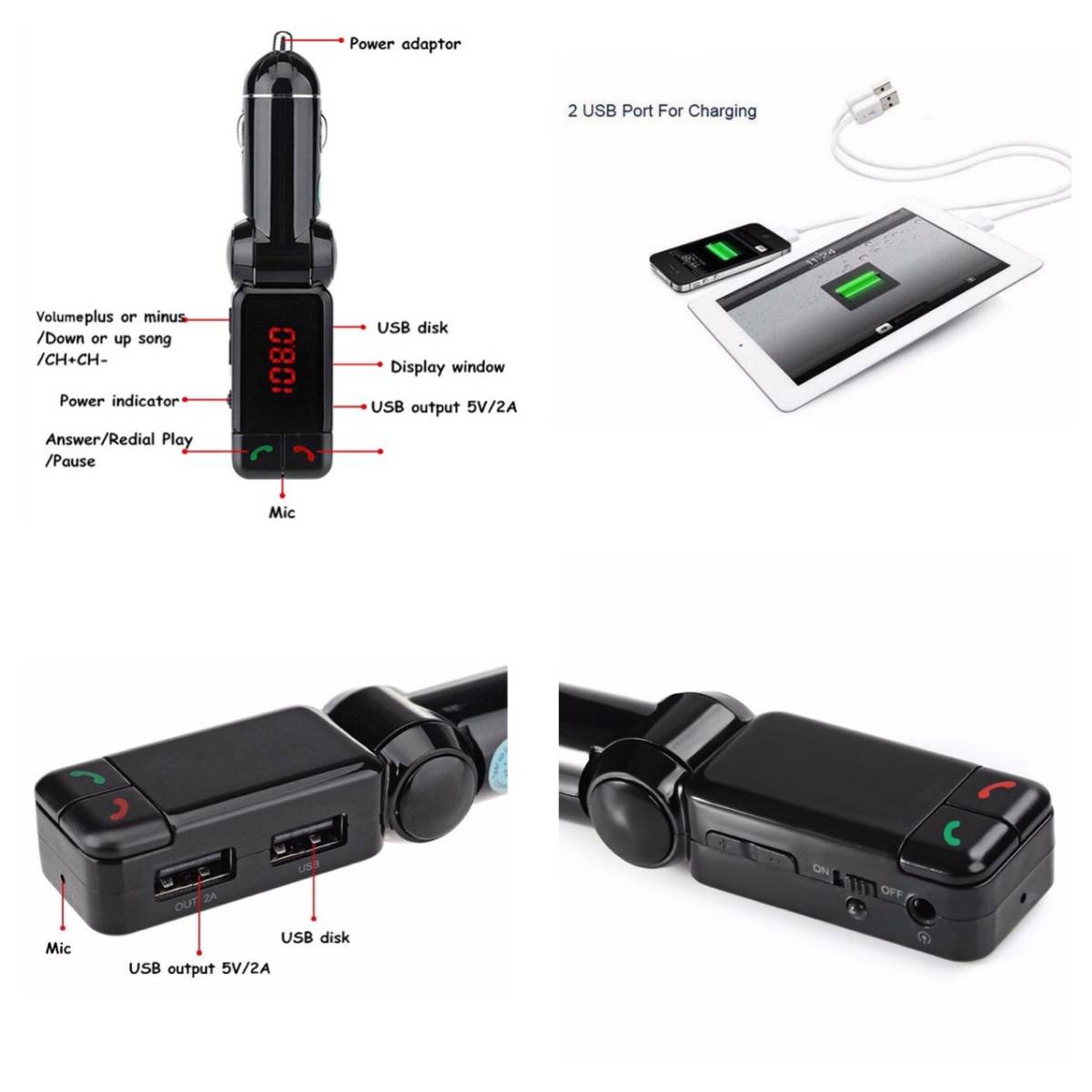 FM передатчик Bluetooth5.0 зарядное устройство музыка воспроизведение одновременно зарядка "свободные руки" смартфон прикуриватель SD карта USB автомобильный в машине 1