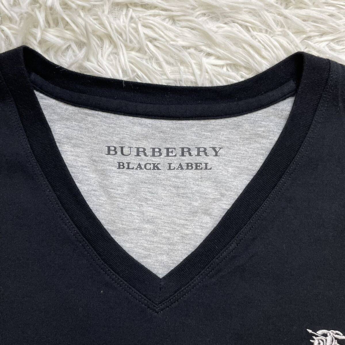 極美品 BURBERRY BLACK LABEL バーバリーブラックレーベル 半袖Tシャツ ホースロゴ刺繍 Vネック ブラック サイズ2 M相当_画像3