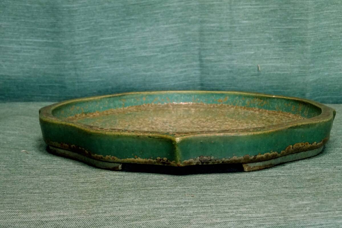 KAKE4194 Y 和水盤 人気作家 鴻陽 緑釉切立古鏡型 W２４の画像4
