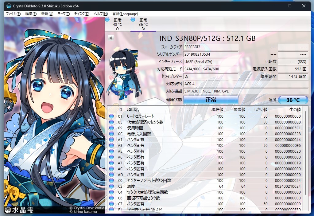 【正常動作品】SATA 512GB SSD M.2 2280 IND-S3N80P/512G 使用浅目 NTFSフォーマット済みの画像2