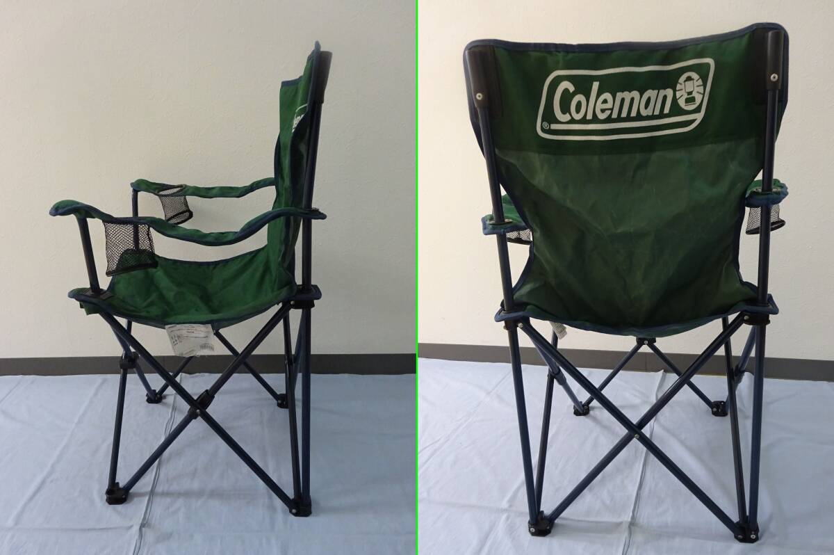 (な-Y-1329)Coleman コールマン アームチェア ARM CHAIR IV GREEN 折りたたみ イス 椅子 アウトドア 釣り キャンプ カップホルダー 中古_画像2