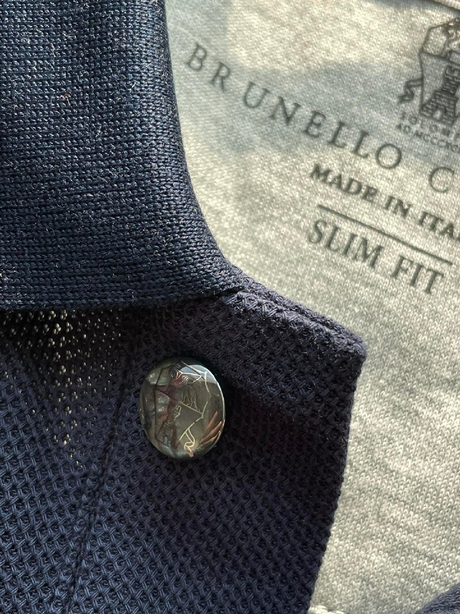 BRUNELLO CUCINELLI(ブルネロ クチネリ) メンズポロシャツ　半袖Tシャツ　カジュアル 春夏 カノコ　綿　無地 SLIM FIT ネイビー　Lサイズ_画像5