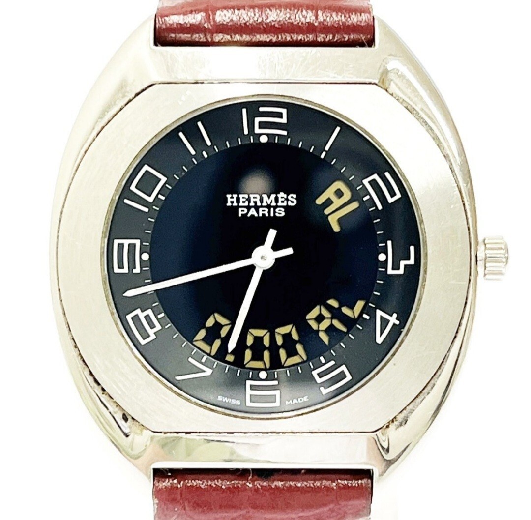 【フランス高級ブランド 美品】HERMES エルメスES1.710 エスパス デジアナブラック文字盤クオーツ メンズ腕時計 _画像1
