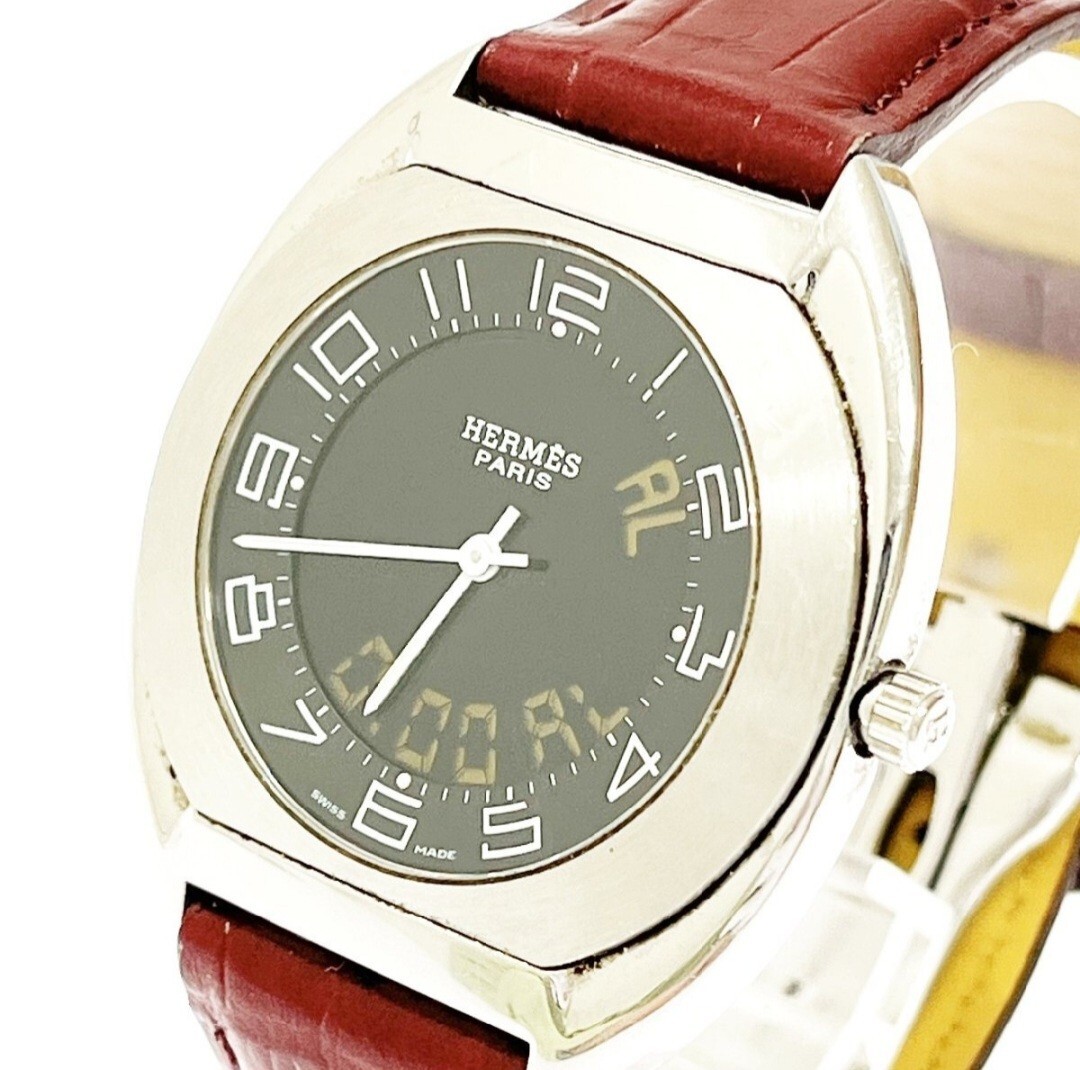 【フランス高級ブランド 美品】HERMES エルメスES1.710 エスパス デジアナブラック文字盤クオーツ メンズ腕時計 _画像2