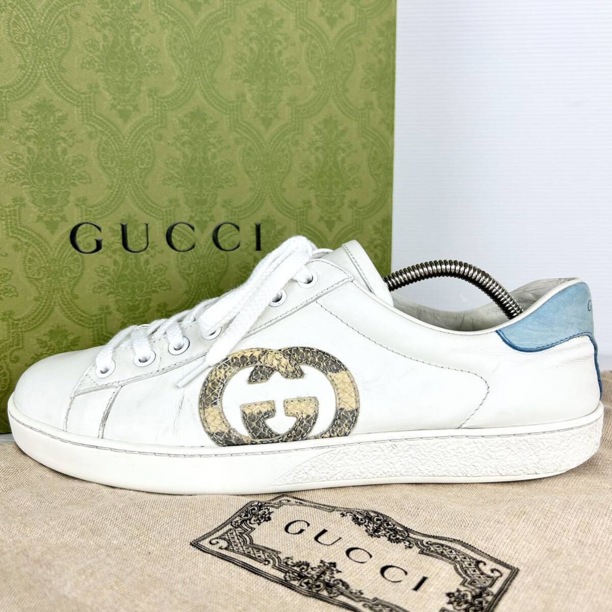 1円 【美品】 GUCCI グッチ 【王者の貫禄】 メンズ スニーカー ローカット 靴 インターロッキング ロゴ 白 ホワイト パイソン 6 25.0cm相当_画像1