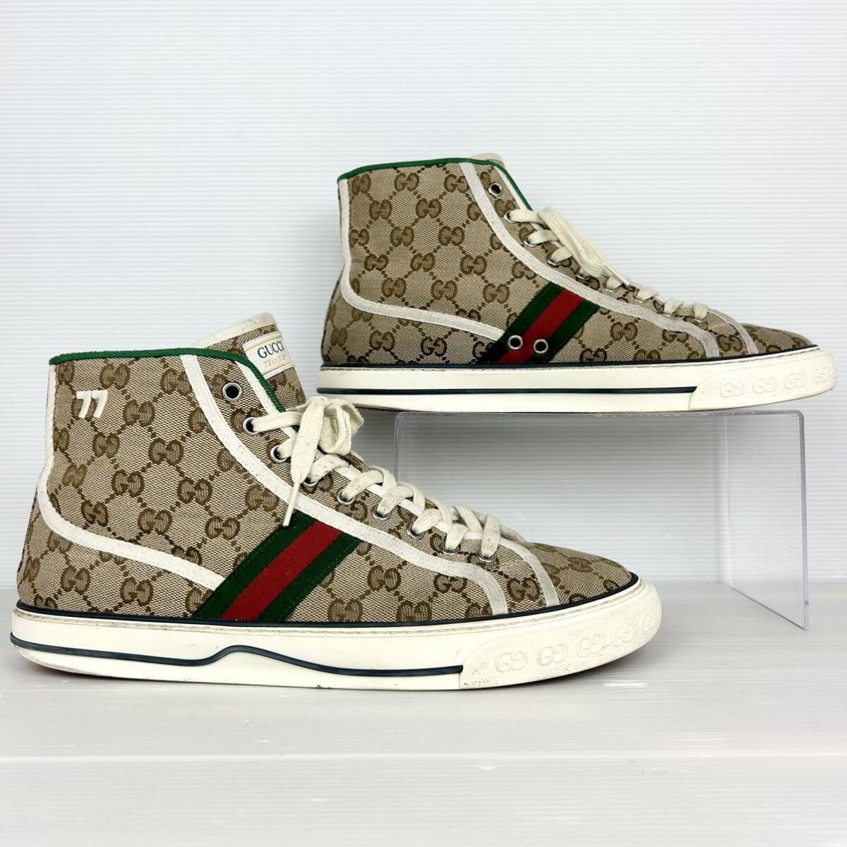 1円 【美品】 GUCCI グッチ 【王者の貫禄】 メンズ テニス スニーカー ハイカット シューズ 靴 GGキャンバス シェリーライン10 29.0cm相当_画像6