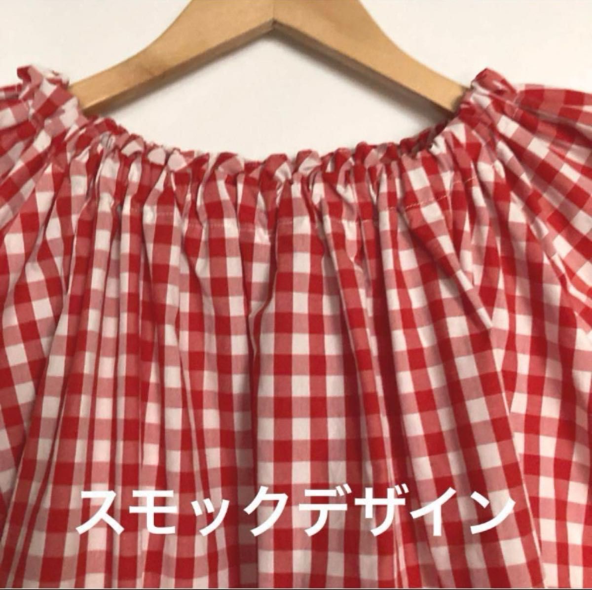 赤白ギンガムチェックのバタフライスリーブシャツ　半袖