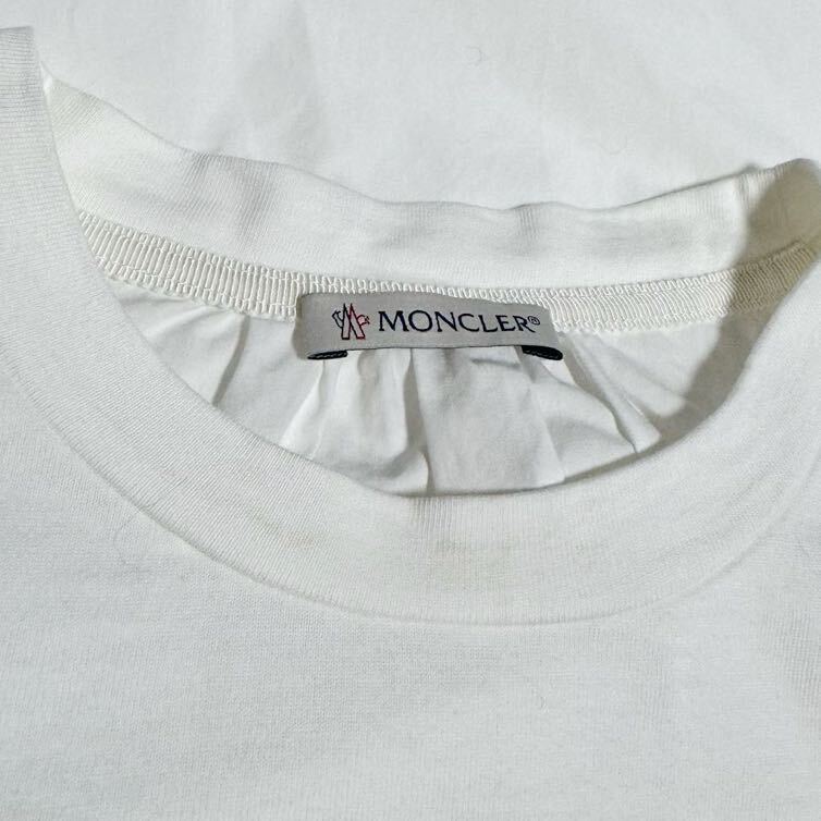 ◆MONCLER◆ 中古 モンクレール パイル地 刺繍ロゴ 裾フリル 異素材MIX Aライン 半袖Tシャツ カットソー サイズM レディース ホワイト_画像5