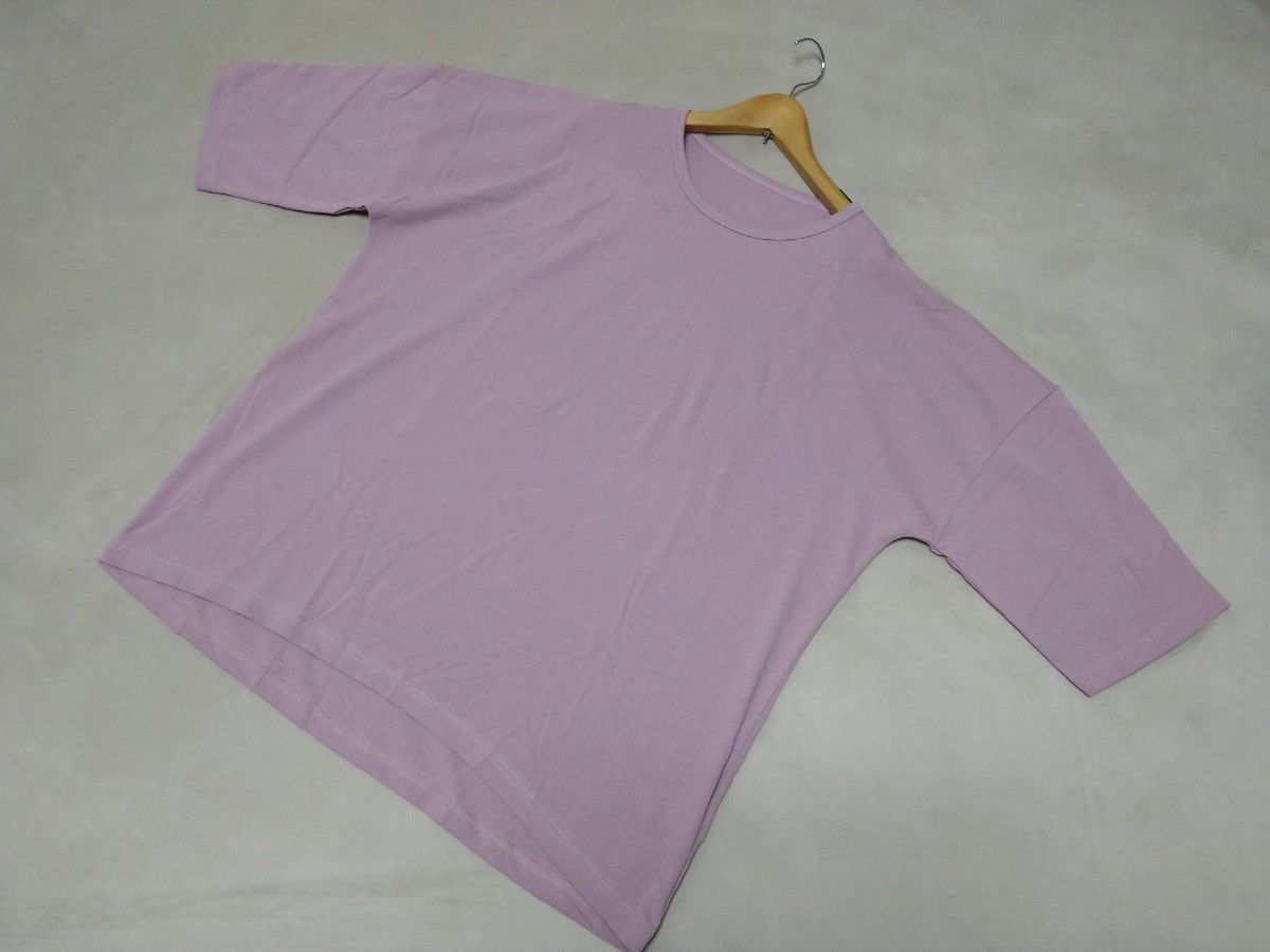 未使用　タグ付き　七分袖　Tシャツ　ティシャツ　カットソー　クルーネック　くすみ桜色　ダークピンク　ゆったり　薄手　コットン100