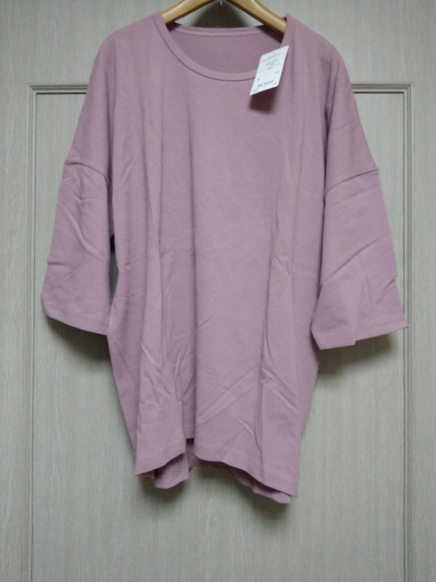 未使用　タグ付き　七分袖　Tシャツ　ティシャツ　カットソー　クルーネック　くすみ桜色　ダークピンク　ゆったり　薄手　コットン100