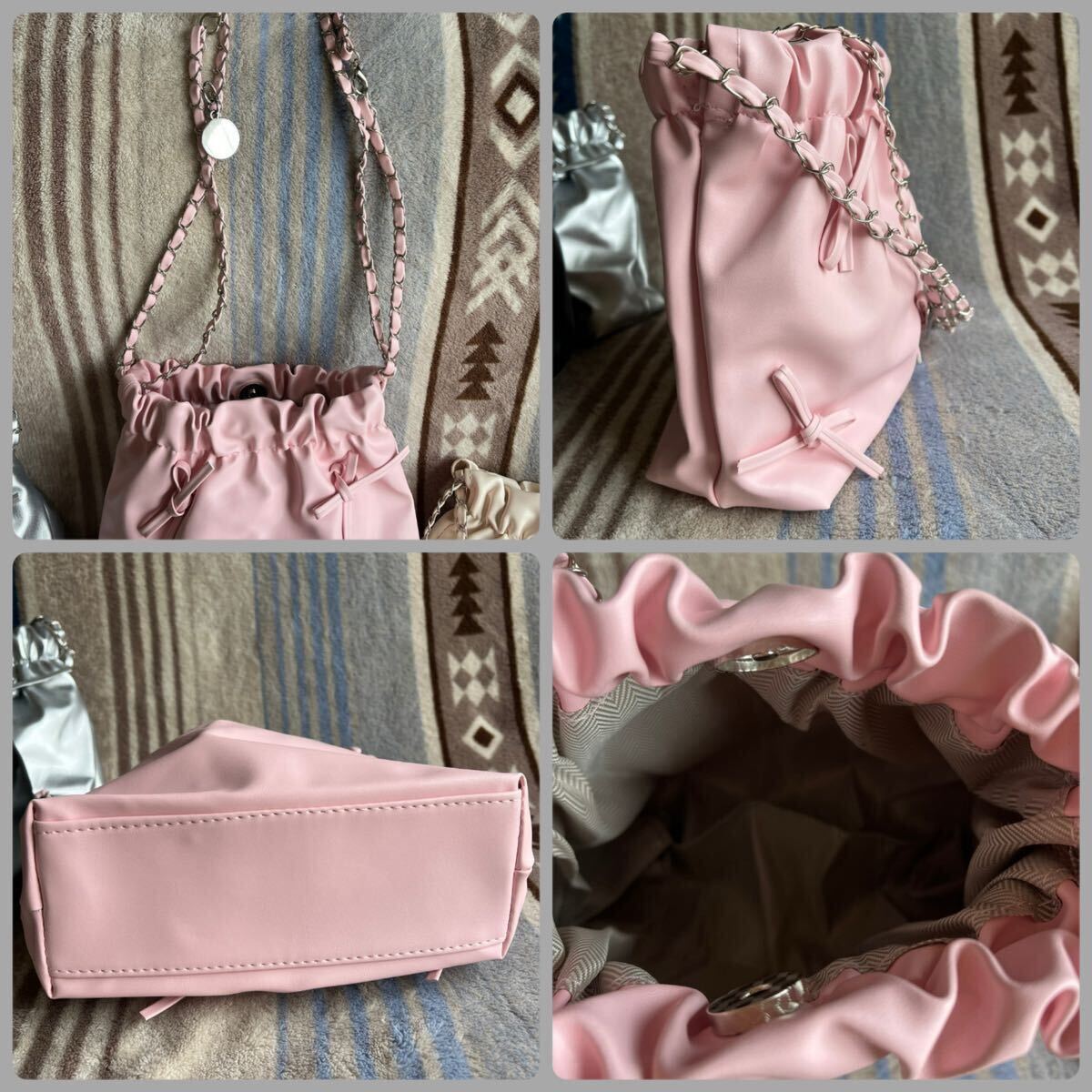 ★ピンク★ショルダーバック 巾着 磁石ボタン チェーン リボン コンパクト オルチャン Y2Kファッション 大人可愛い 高見え