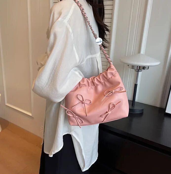 ★ピンク★ショルダーバック 巾着 磁石ボタン チェーン リボン コンパクト オルチャン Y2Kファッション 大人可愛い 高見え