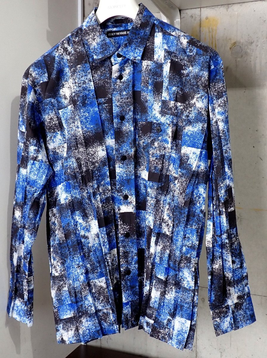 極美品 ISSEEY MIYAKE MEN イッセイミヤケ プリーツシャツ ブラウス ブルー ブラック 長袖シャツ 3 メンズ 1293の画像1