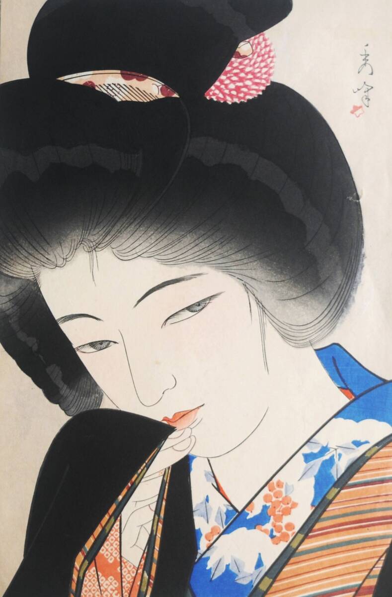 山川秀峰 婦女四題【雪もよひ】復刻手摺木版画「真作」でございます。の画像1
