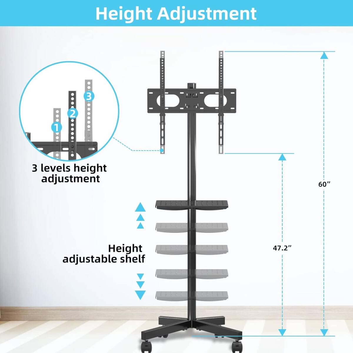 移動式テレビ台 壁寄せTVスタンド 自立型テレビスタンド 21〜60インチ対応テレビラック ハイタイプ 棚板付き 高さや角度調節可能_画像2