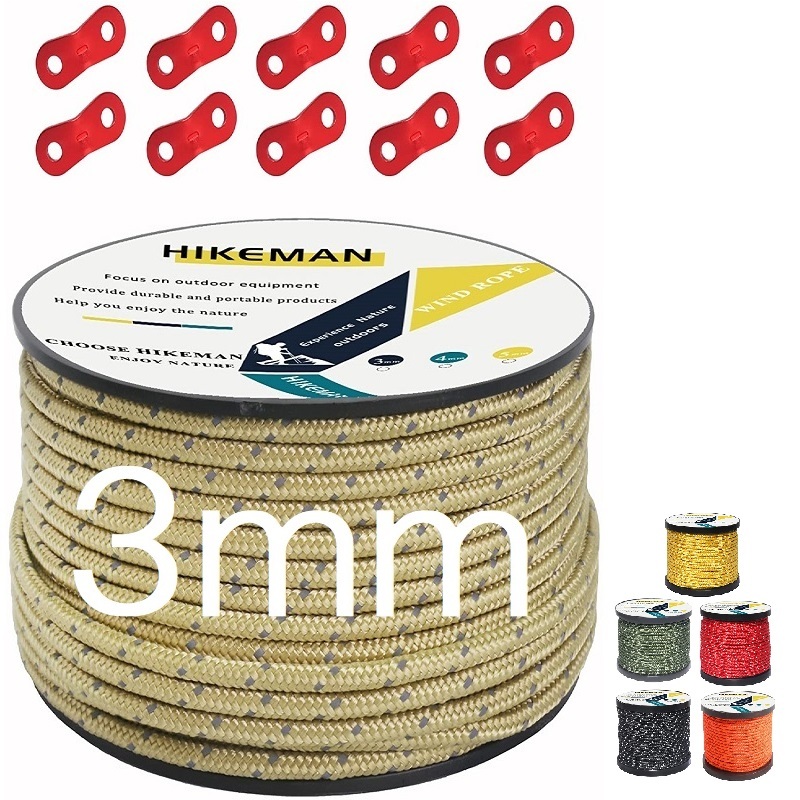 HIKEMAN テントロープ パラコード ガイロープ タープ用 反射材入り 耐荷重194kg キャンプ用品 パーツ 50m 3mm 103 6色から選択の画像1